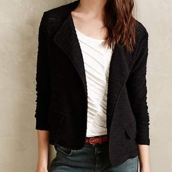 ANTHROPOLOGIE Fairview Blazer Black Textured Open Front Knit Jacket Cardigan - Picture 1 of 7